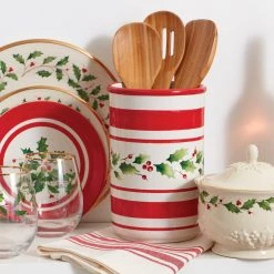 Lenox Holiday Handpaint Stripe Utensil Crock Set -Lenox The Christmas Shop Sales 890775 w11